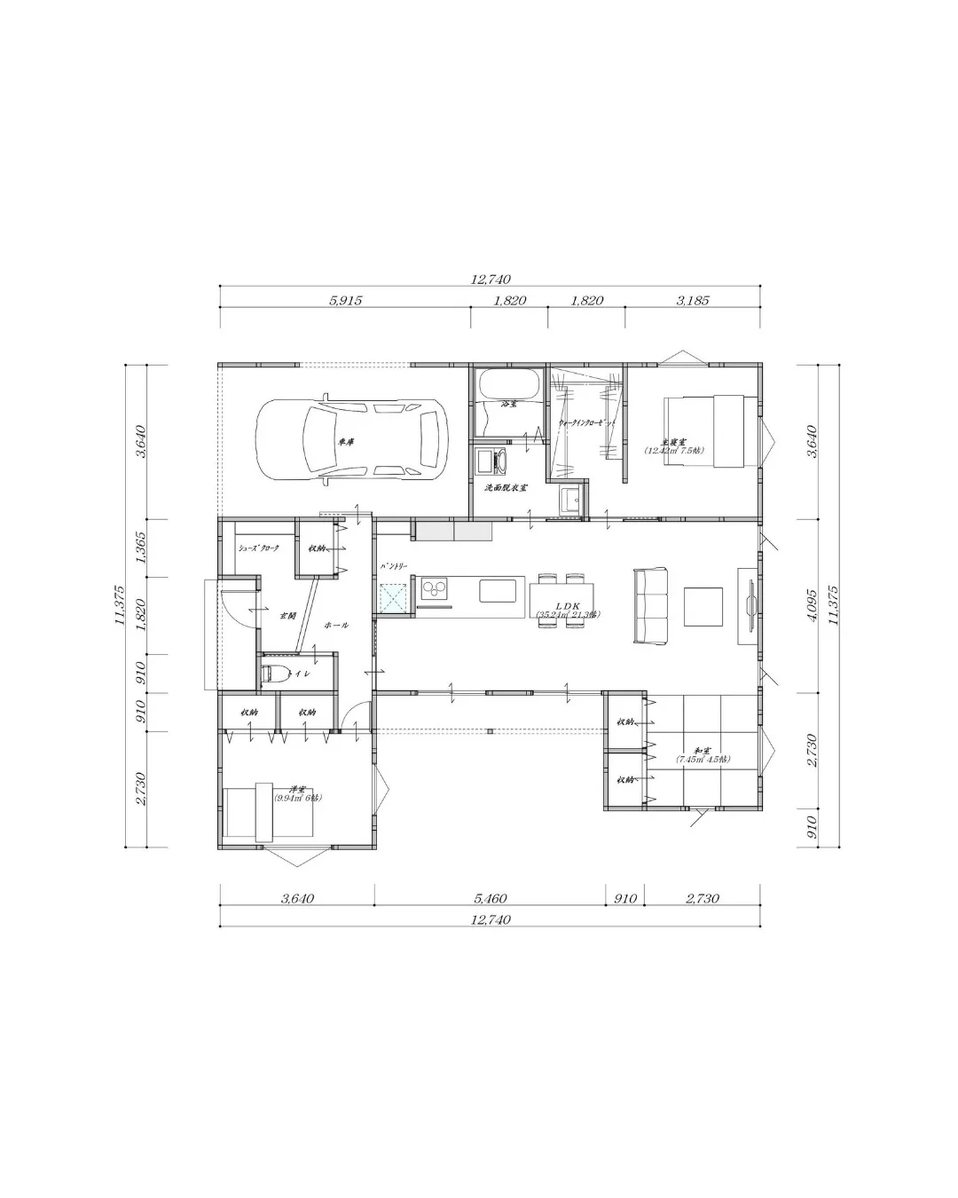 🏡【30坪3LDKのキッチンから中庭を眺める平屋プラン!】