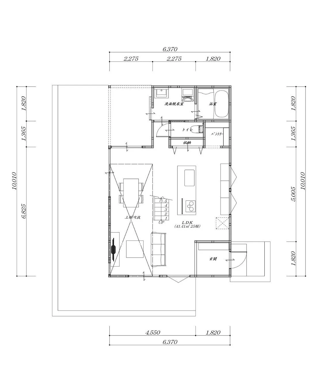 【29坪3LDKのLDKと繋がるタイルテラスの二階建てプラン...