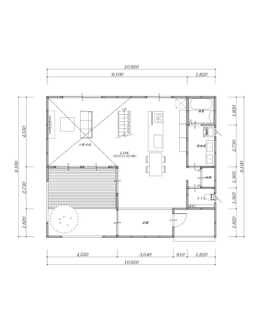 【33坪3LDKの上階と一体感のあるLDKの二階建てプラン！...