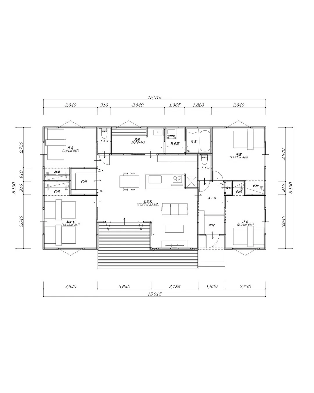 【広いウッドデッキに繋がる平屋プラン！】